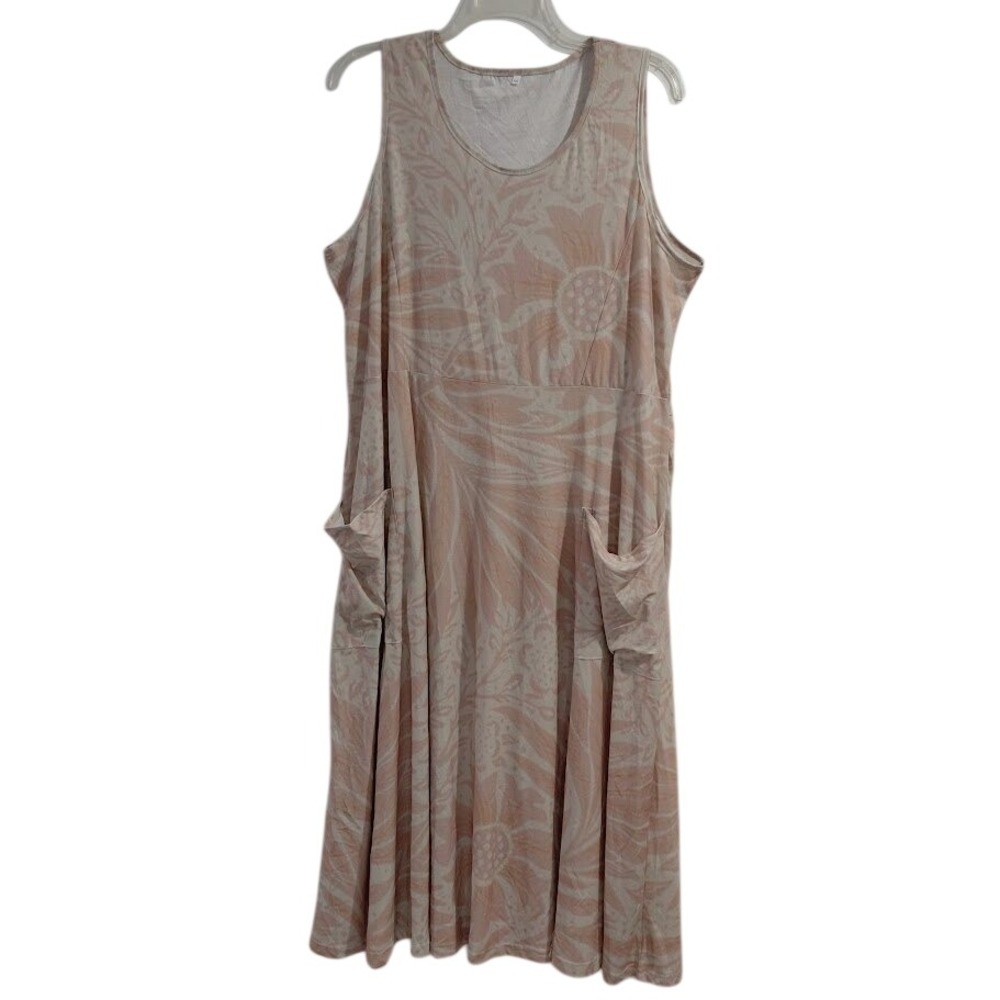 Womens 3XL Sleeveless Midi Dress Floral Print Pink Beige Pockets Casual